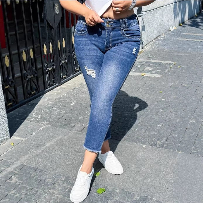 Women's High-Waisted Cropped Skinny Jeans made of Superstretch Denim with Double Button Placket and Raw Fringe Hem Chichicherry