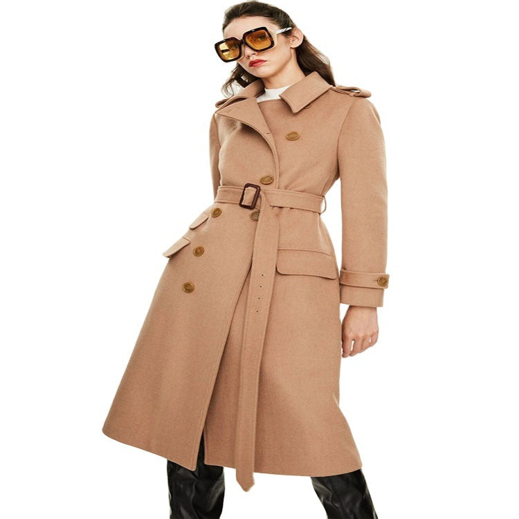 Women's fitted A-line trench coat made of wool-cashmere blend with waist belt and flap Chichicherry