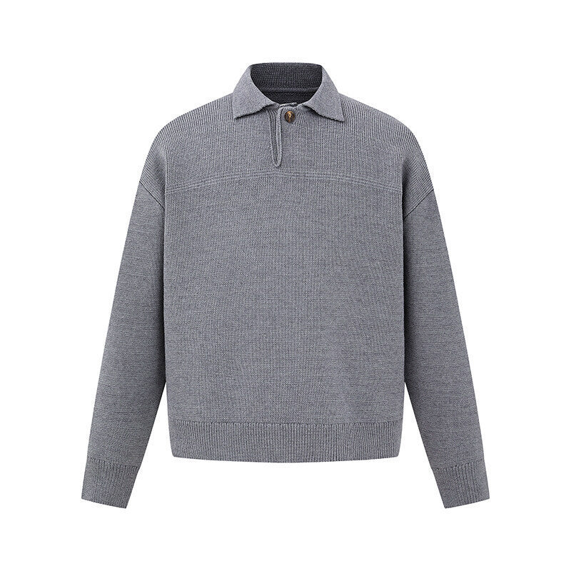 Men's Boxy Knit Sweater with Polo Collar and Half Button Placket Chichicherry