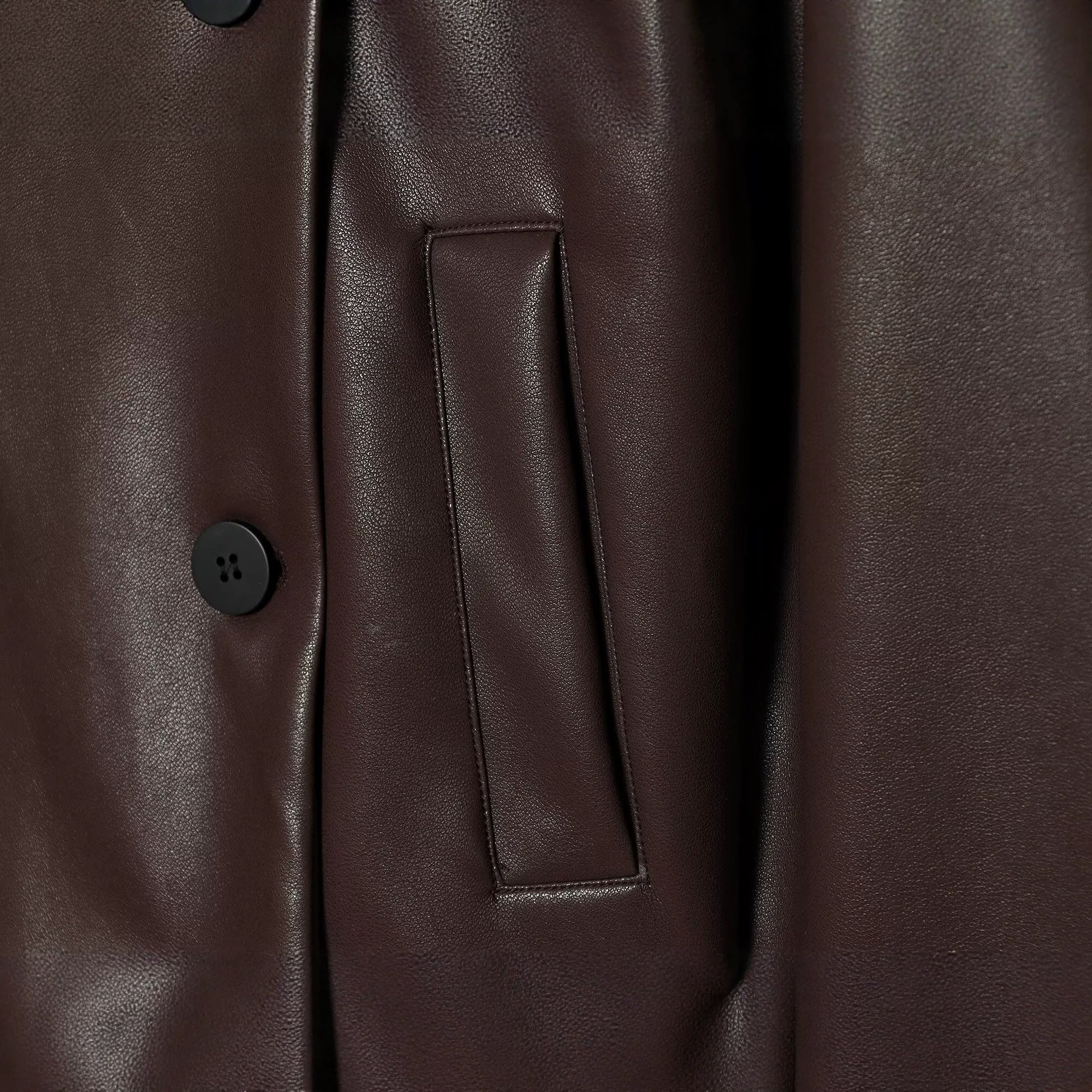 Women's Short Faux Leather Blouson with Double-Breasted Button Placket and Boxy Silhouette Chichicherry