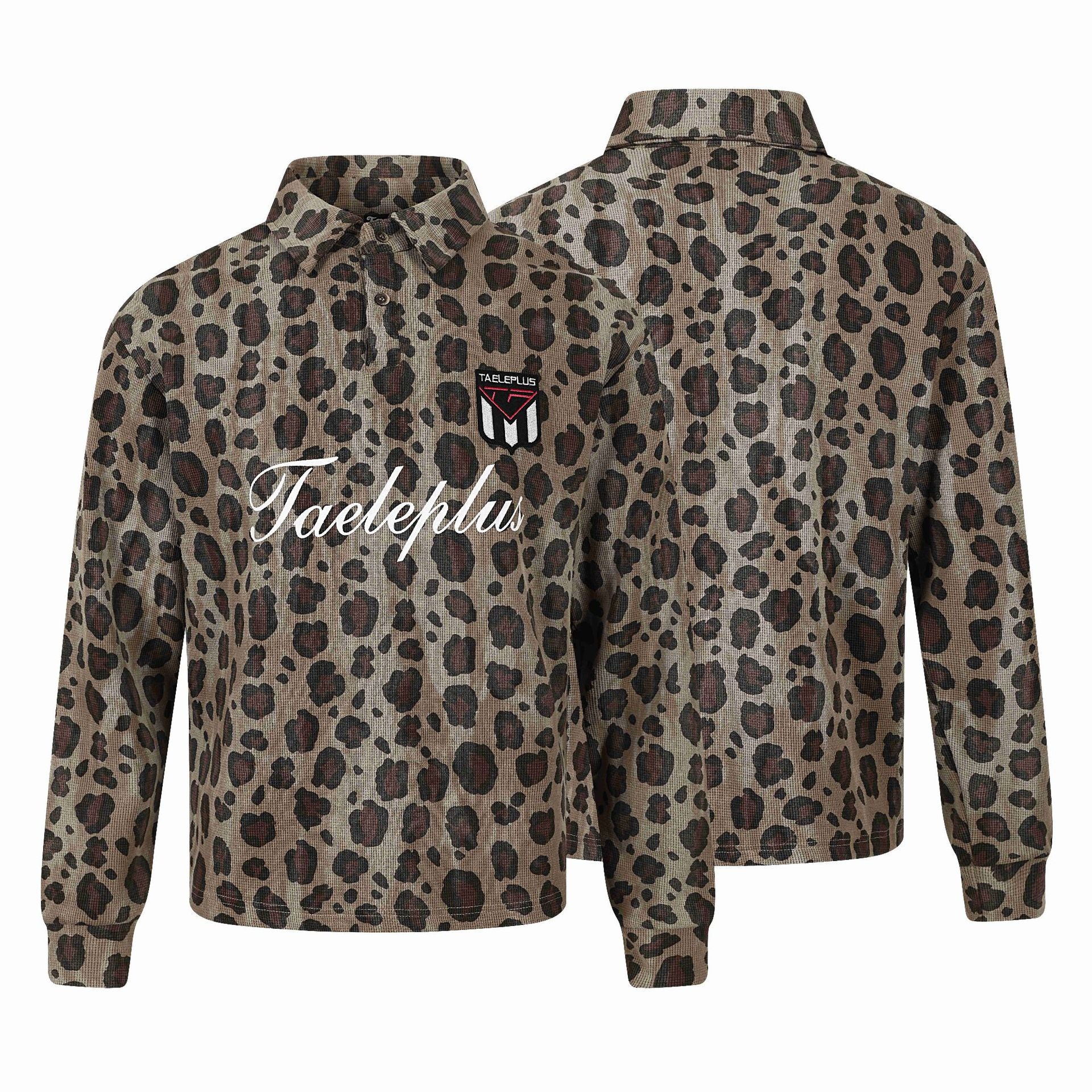 Women Long Sleeve Polo Shirt with Waffle Structure, Button Placket and Animal Print Chichicherry