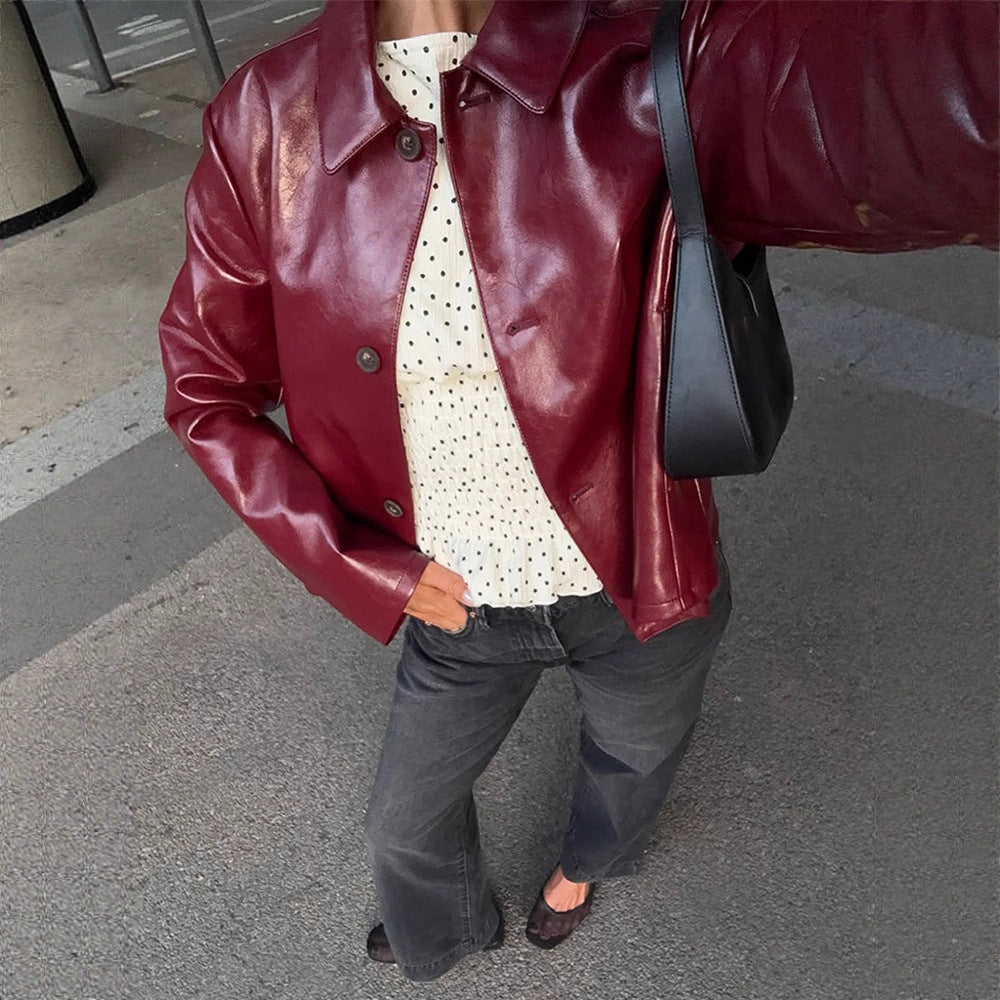 Women's Boxy Faux Leather Jacket with Shirt Collar and Straight Cropped Cut Chichicherry