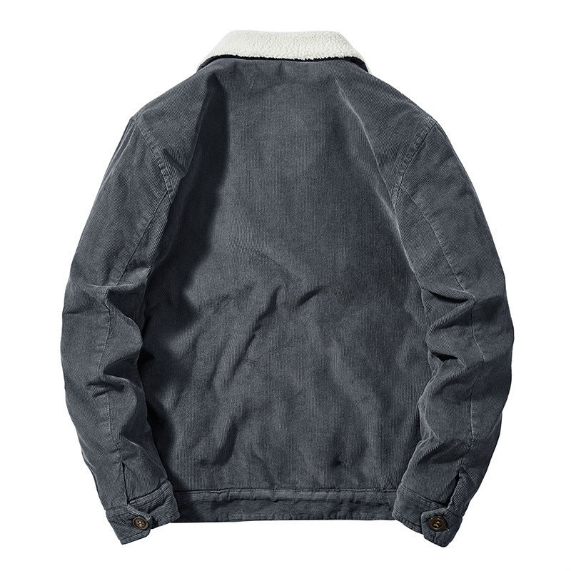 Men's Cord Worker Trucker Jacket with Warming Sherpa Lining and Shirt Collar Chichicherry