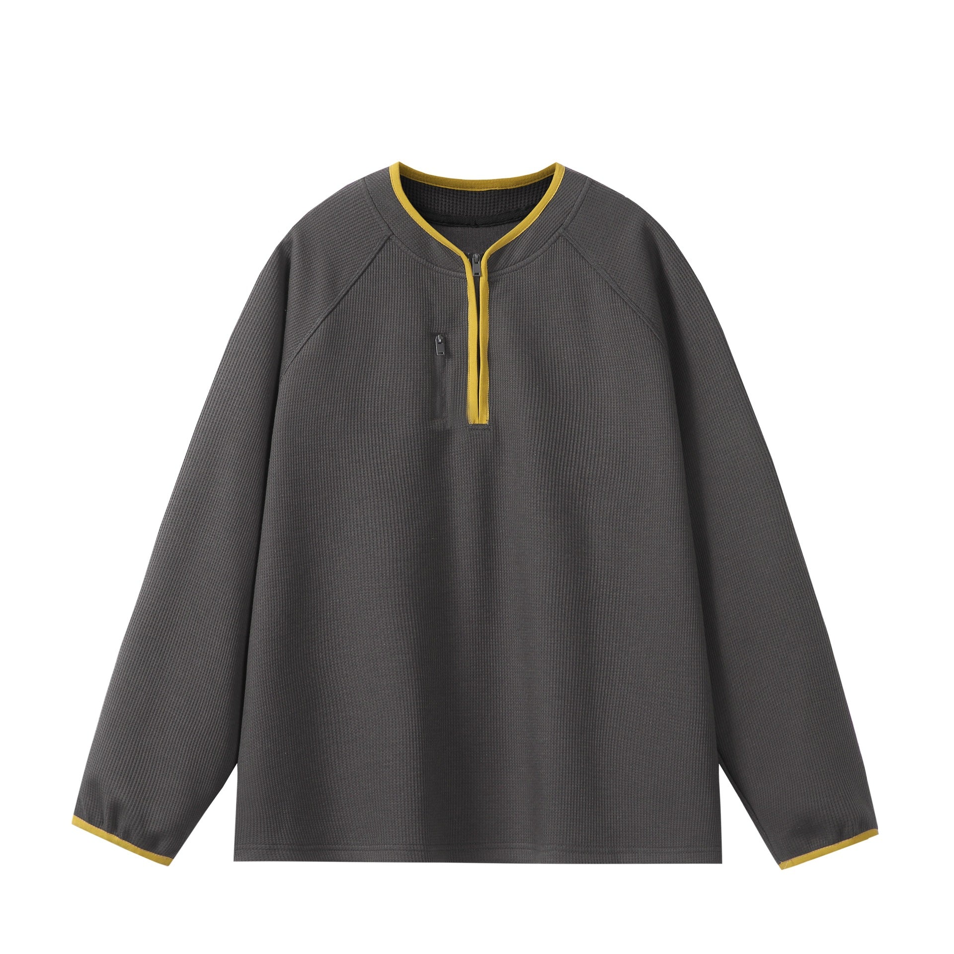 Unisex Relaxed-Fit Waffle Knit Half Zip with Concealed Chest Pocket and Raglan Sleeves Chichicherry