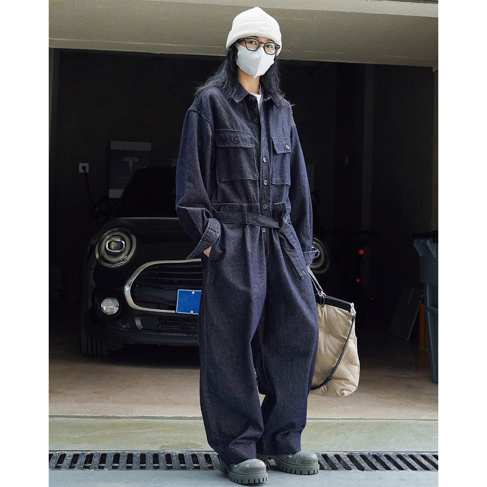 Women Oversize Jeans Overall with Waist Belt and Chest Pockets Chichicherry