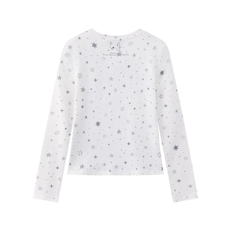 Women's long-sleeve shirt with photorealistic rabbit photo print, allover star pattern and elastic jersey fabric