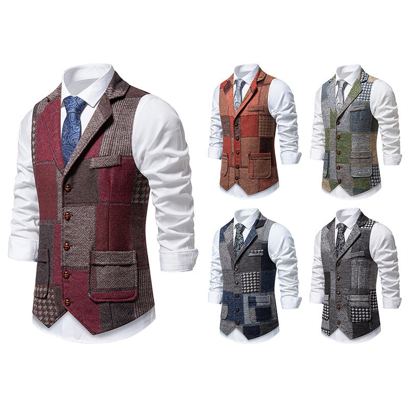 Men's Waistcoat in Patchwork Tweed with Lapels and Patch Pockets Chichicherry