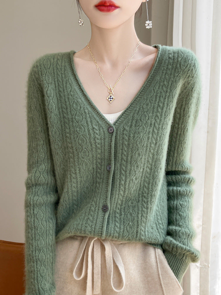 Ladies Short Cable Knit Cardigan in Mohair Look with V-neck and Ribbed Cuffs Chichicherry