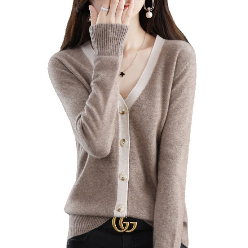 Women Contrast Trim V-Neck Fine Knit Cardigan with Pearl Buttons Chichicherry