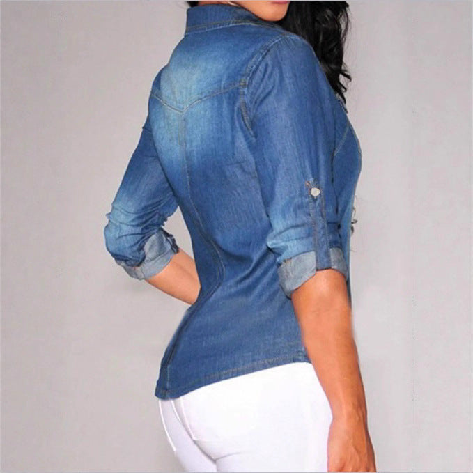 Women's tailored denim shirt blouse with chest pockets and pearl buttons Chichicherry