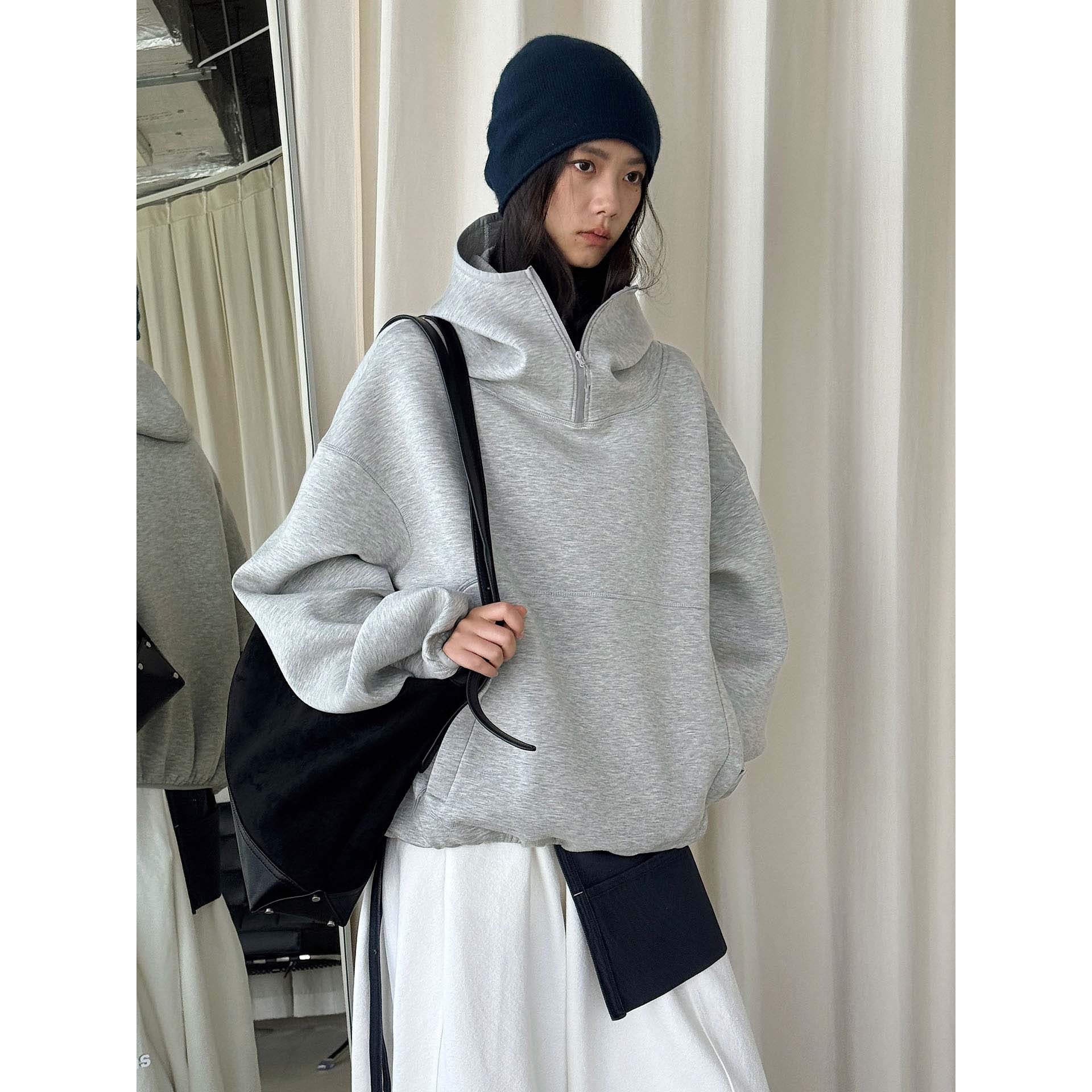 Women's Oversized Hoodie with High Stand Collar and Half Zipper Chichicherry