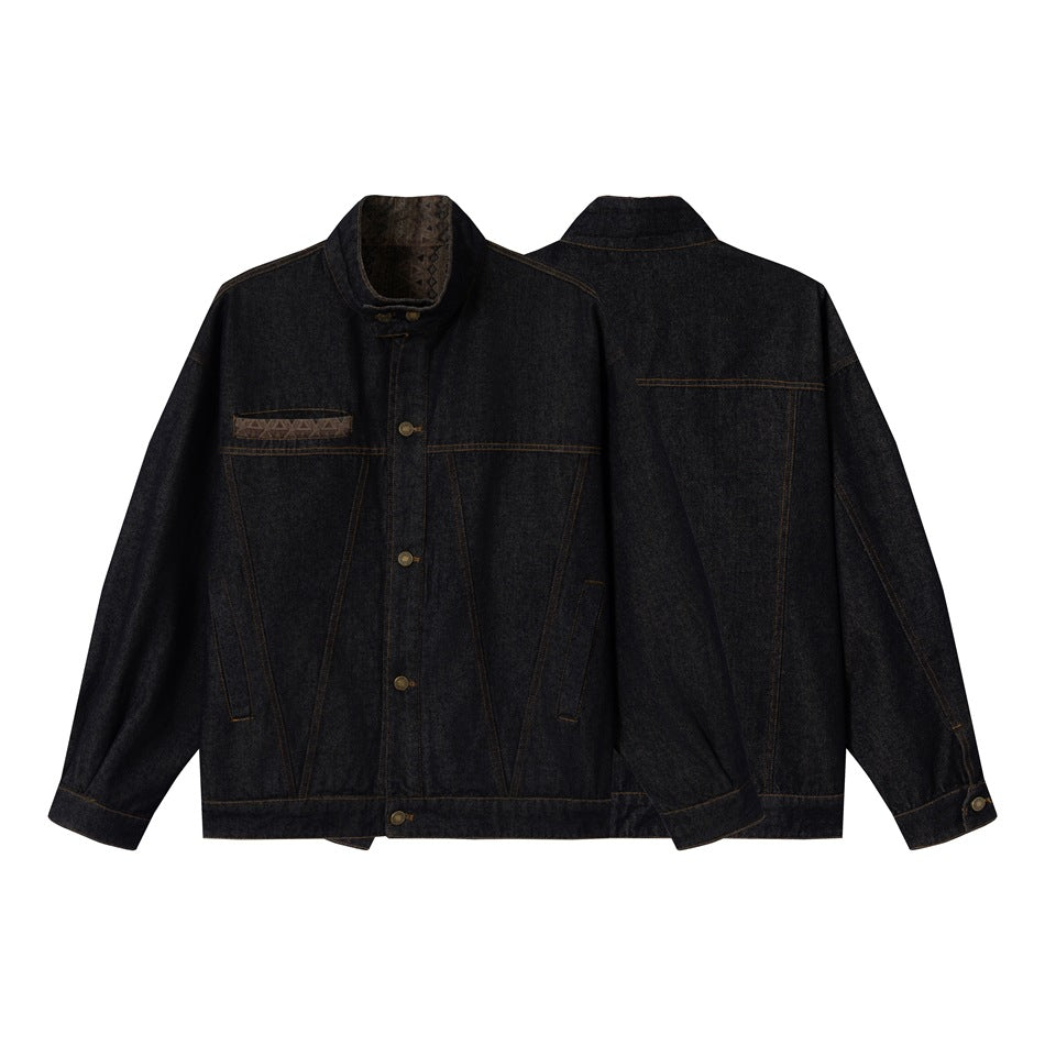 Unisex Boxy Jeans Jacket with high stand-up collar and woven trimmings Chichicherry