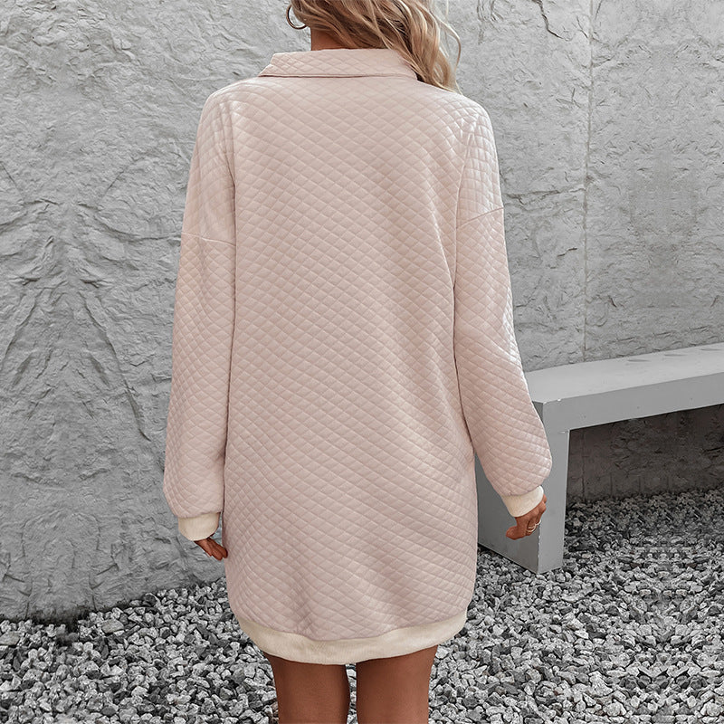 Women Quilted Sweat Dress-Tunic with Polo Collar and Ribbed Hem