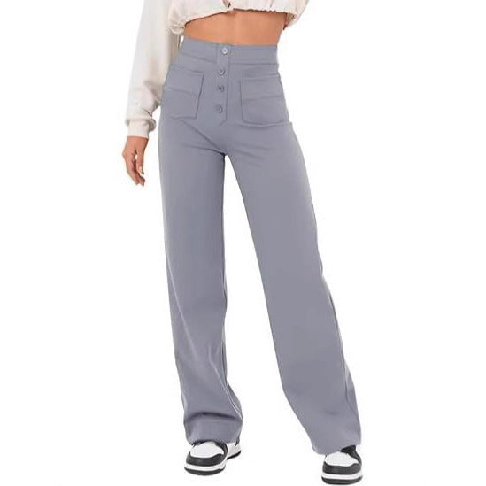 Women's High-Waisted Wide Pants with Button Placket and Patch Pockets Chichicherry