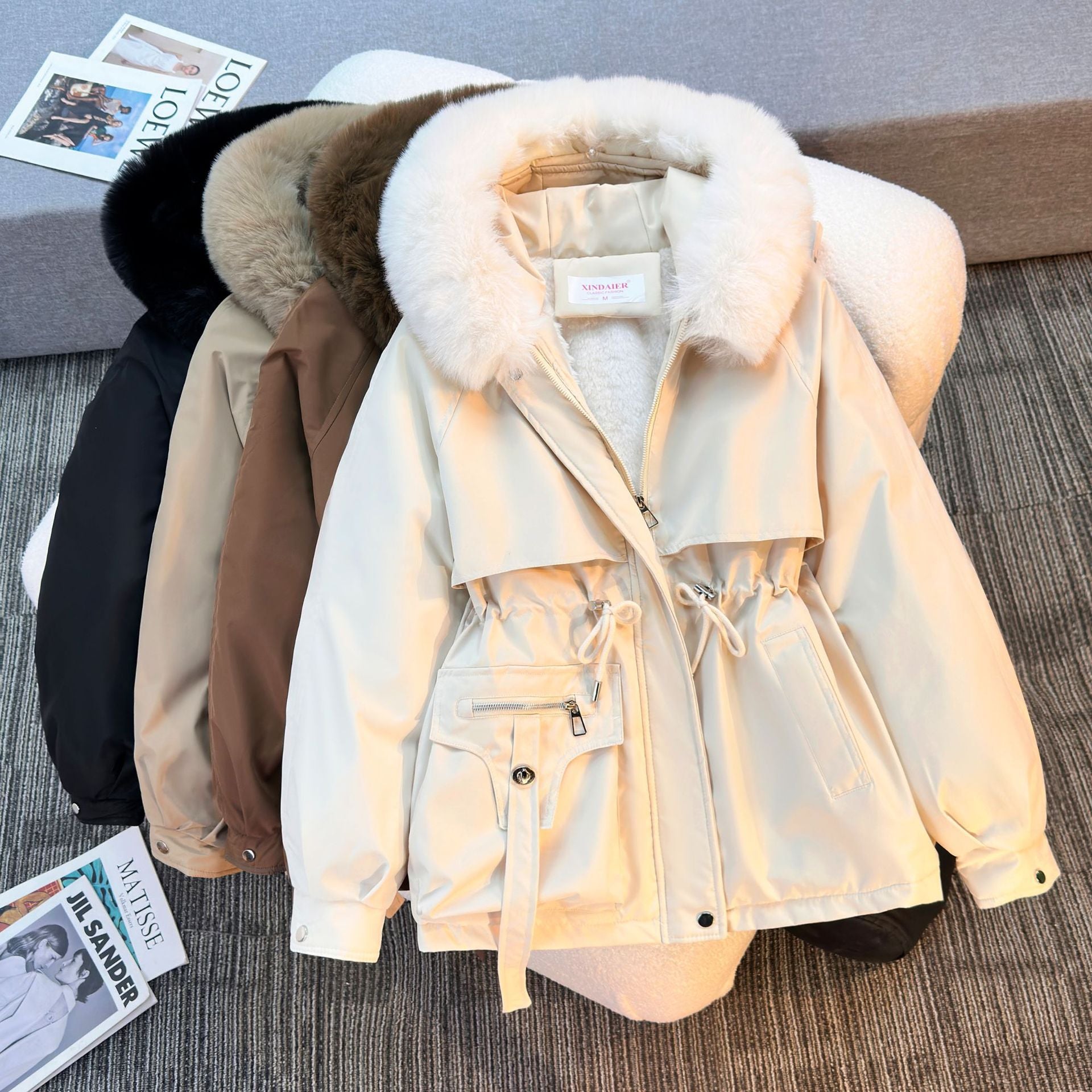 Women's short padded parka with faux fur collar, teddy lining, drawstring waist, and multifunctional pockets Chichicherry