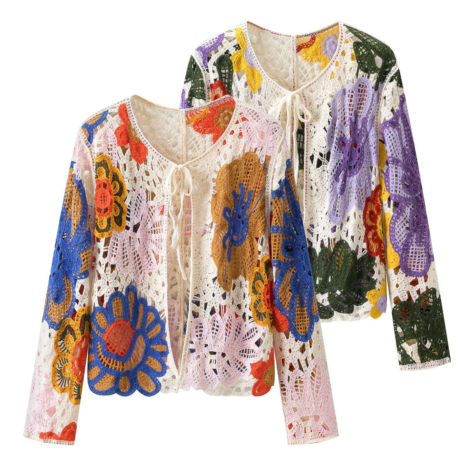 Women's Crochet Cardigan with Floral Appliqués and Tie Band Chichicherry
