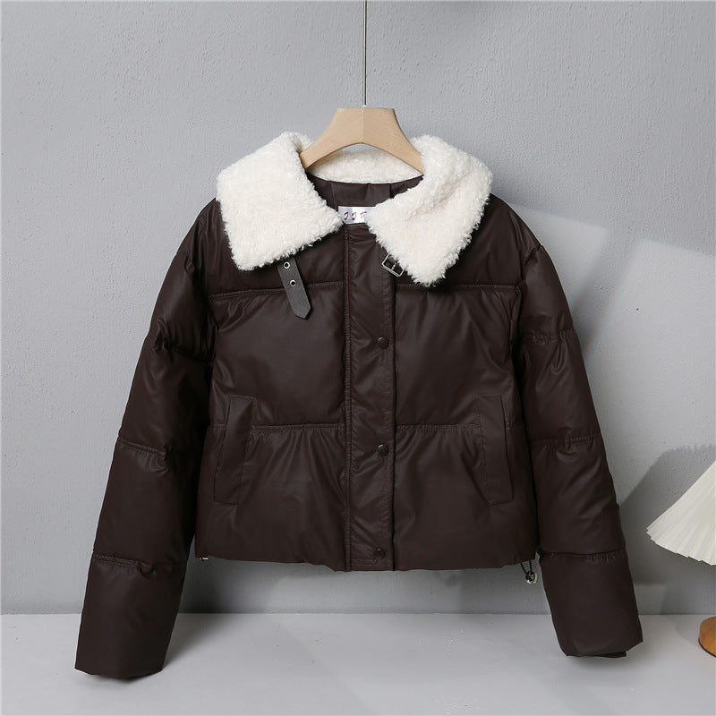 Women's short quilted winter jacket with wide teddy collar and drawstring Chichicherry