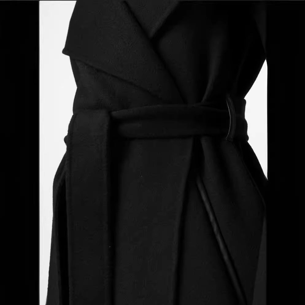 Women Midi-Length Wrap Coat with Oversized Shawl Collar and Concealed Zipper Pockets Chichicherry