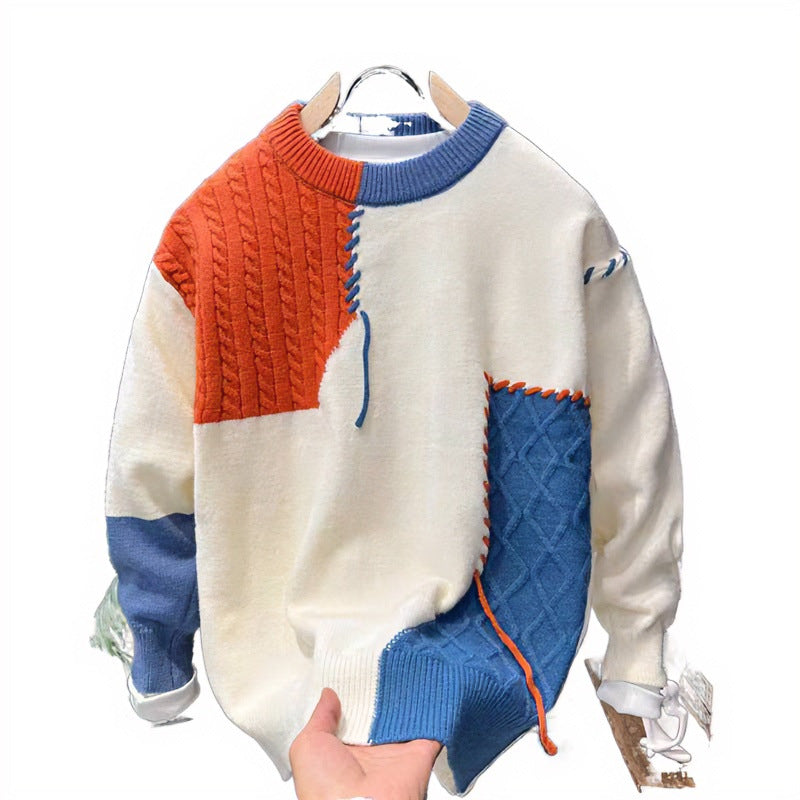 Unisex Patchwork-Oversize-Strickpullover mit Zopf- und Rautenmuster, dekorativen Kontrastnähten und Rundhalsausschnitt Chichicherry