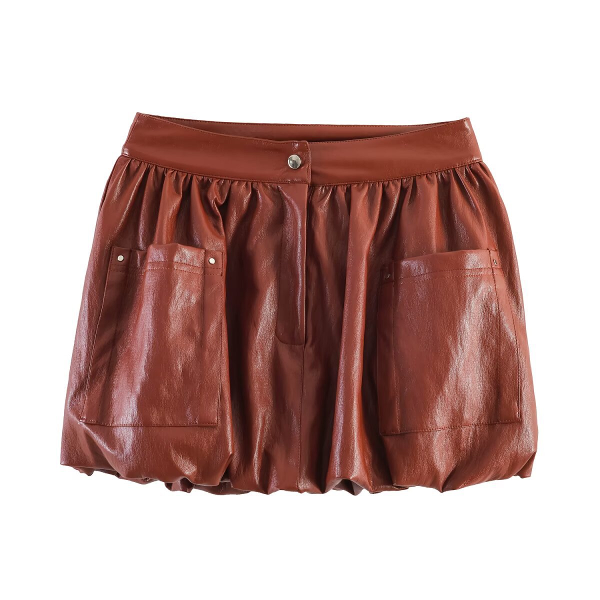 Women’s Short Balloon Skirt made of Faux Leather with High Waist and Patch Pockets Chichicherry