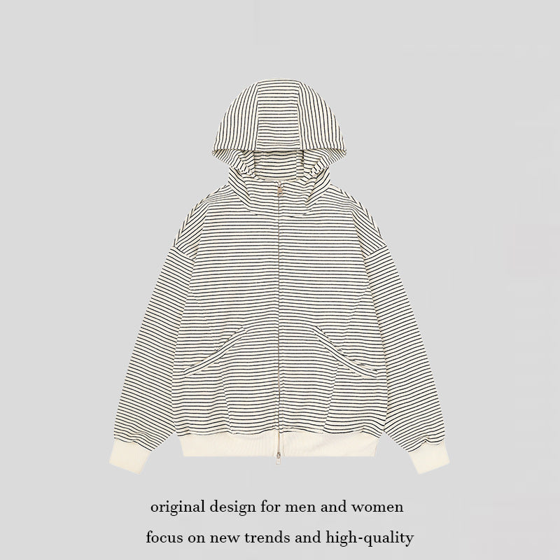 Unisex Striped Hooded Sweat Jacket with Zipper and Kangaroo Pockets Chichicherry