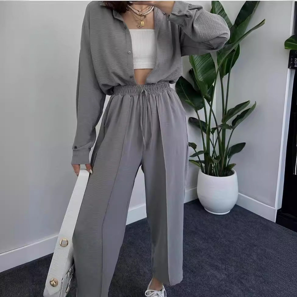 Damen Lässiges zweiteiliges Lounge-Set aus Crêpe mit Oversize-Hemd und hohem Elastikbund Chichicherry