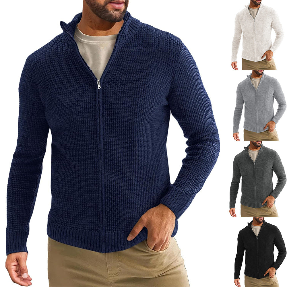 Men's Zip-Up Cardigan with Waffle Texture and Stand-Up Collar Chichicherry