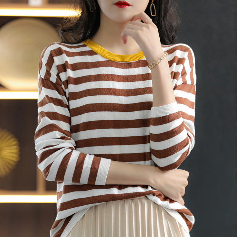 Women’s maritime-inspired striped fine-knit shirt with wide boat neckline and contrast edge Chichicherry