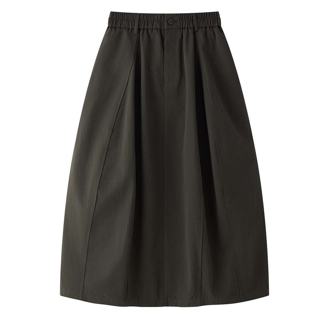 Women Wide Midi-Length Pleated Skirt with Elastic Button Waistband Chichicherry