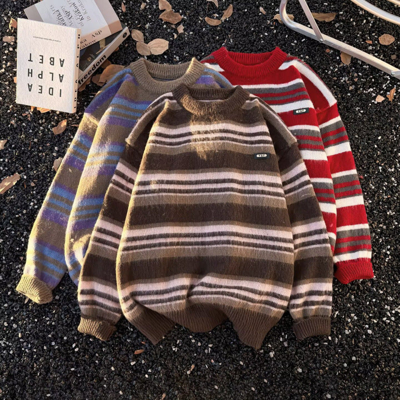 Unisex Gestreifter Oversize-Mohair‑Optik Pullover mit Rundhals und weicher Struktur Chichicherry