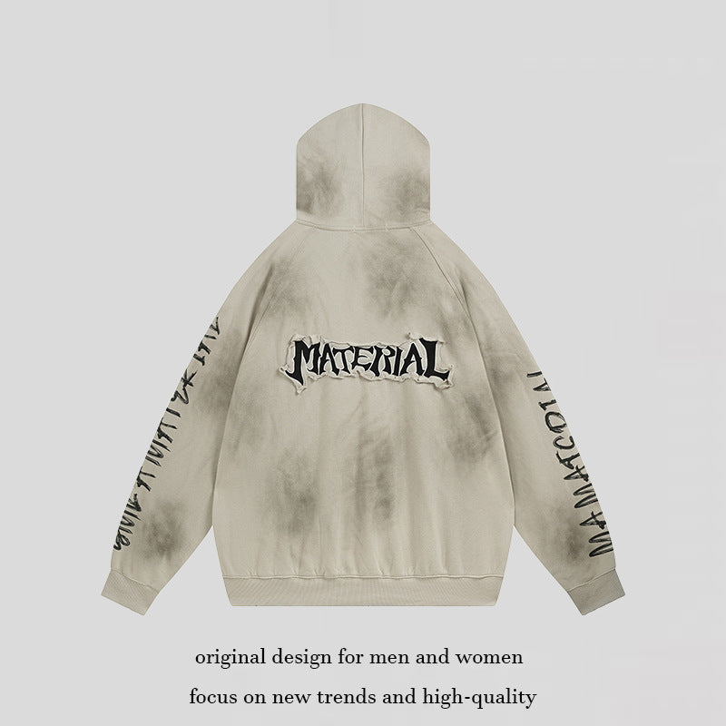 Unisex Oversize Hoodie with Vintage Tie Dye, Gothic Print and Raglan Sleeves Chichicherry