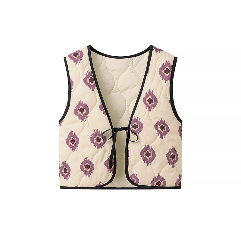 Women's Padded Quilted Short Vest with V-Neck and Tie Chichicherry