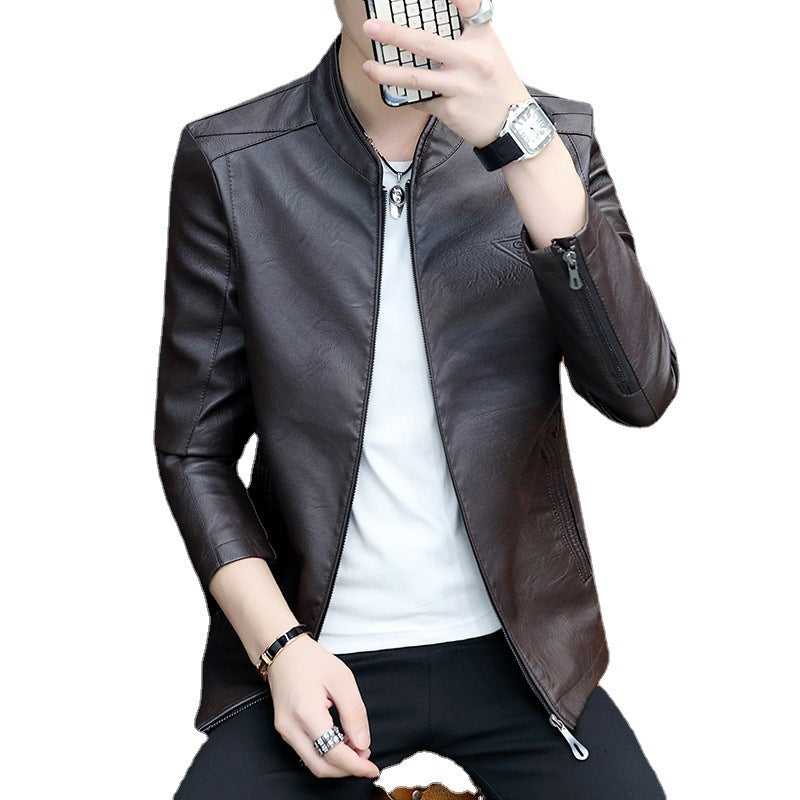 Men's Slim-Fit Faux Leather Blouson in Aviator Style with Stand Collar Chichicherry