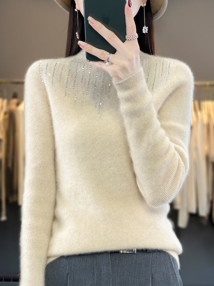Women's Cashmere-Look Mockneck Sweater with Sparkling Rhinestone Cascade Chichicherry