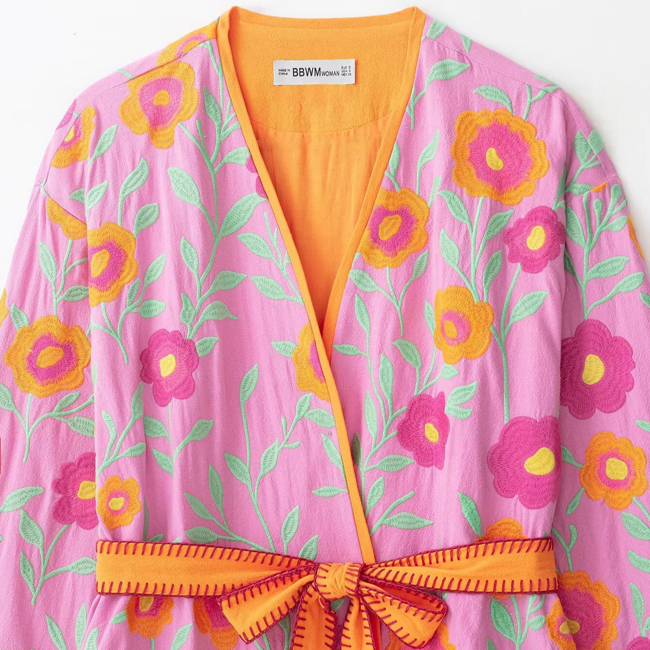 Women's Embroidered Kimono Jacket with Waist Tie Belt and Floral Embroidery Chichicherry
