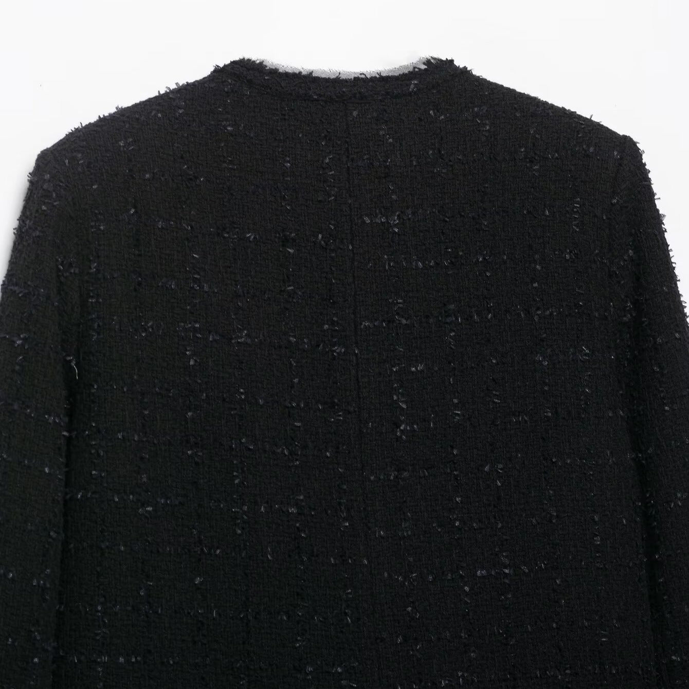 Women's Short Bouclé Tweed Jacket without Collar with Gold Decorative Buttons Chichicherry