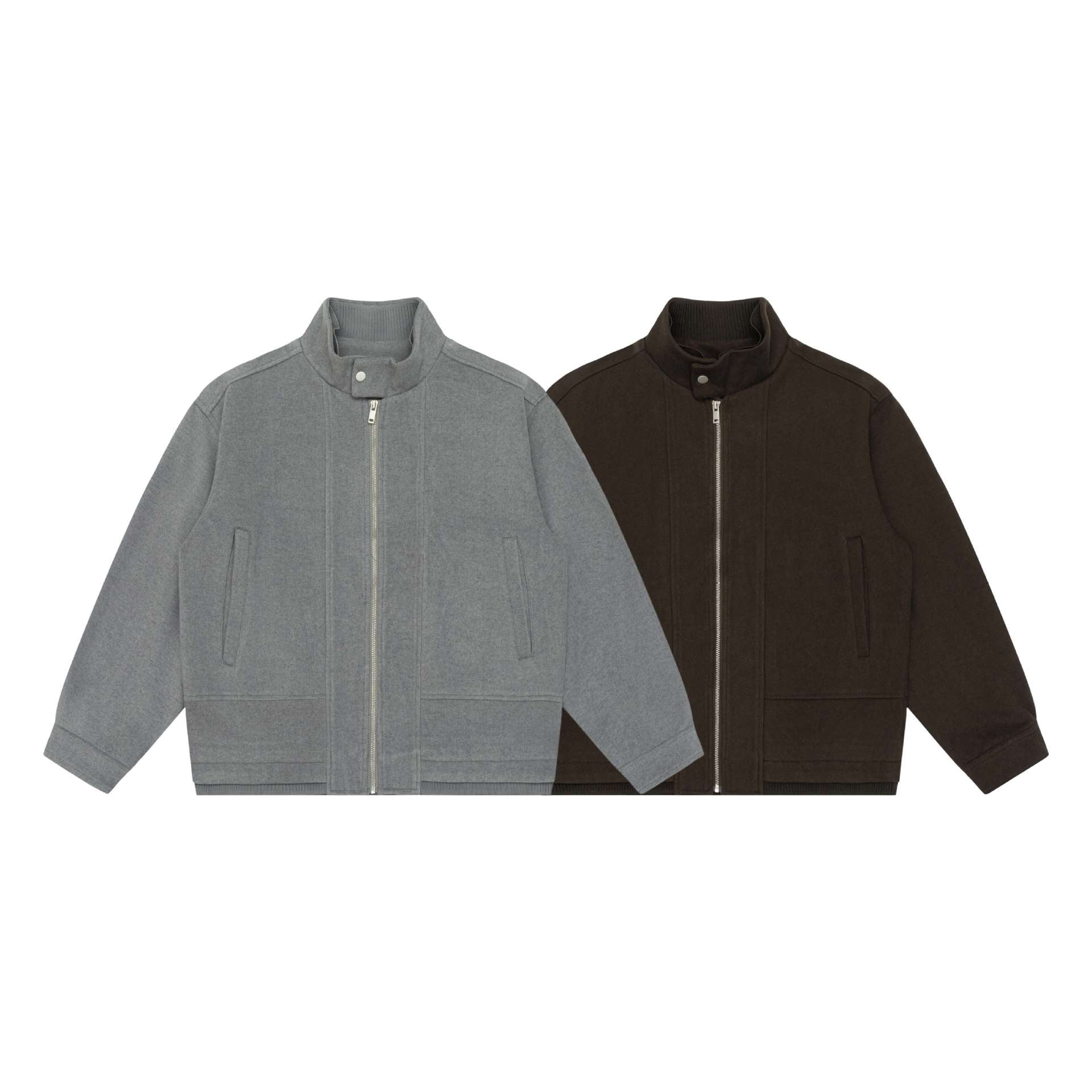 Men's Boxy Wool Blend Zip Blouson with High Ribbed Collar and Concealed Front Flap Chichicherry