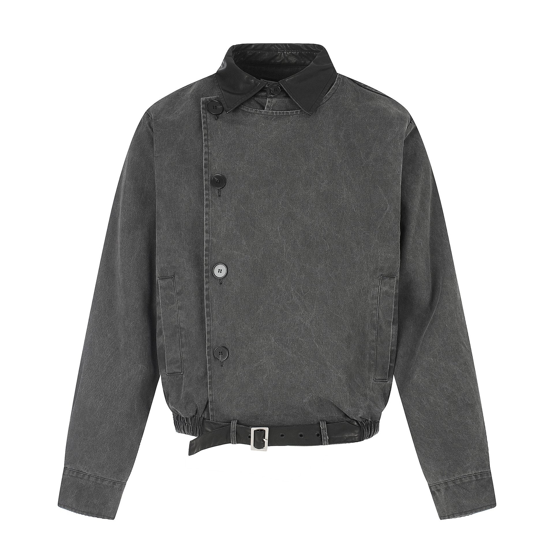 Men's short-cut boxy blouson with asymmetrical button placket, waist belt, and contrast collar Chichicherry