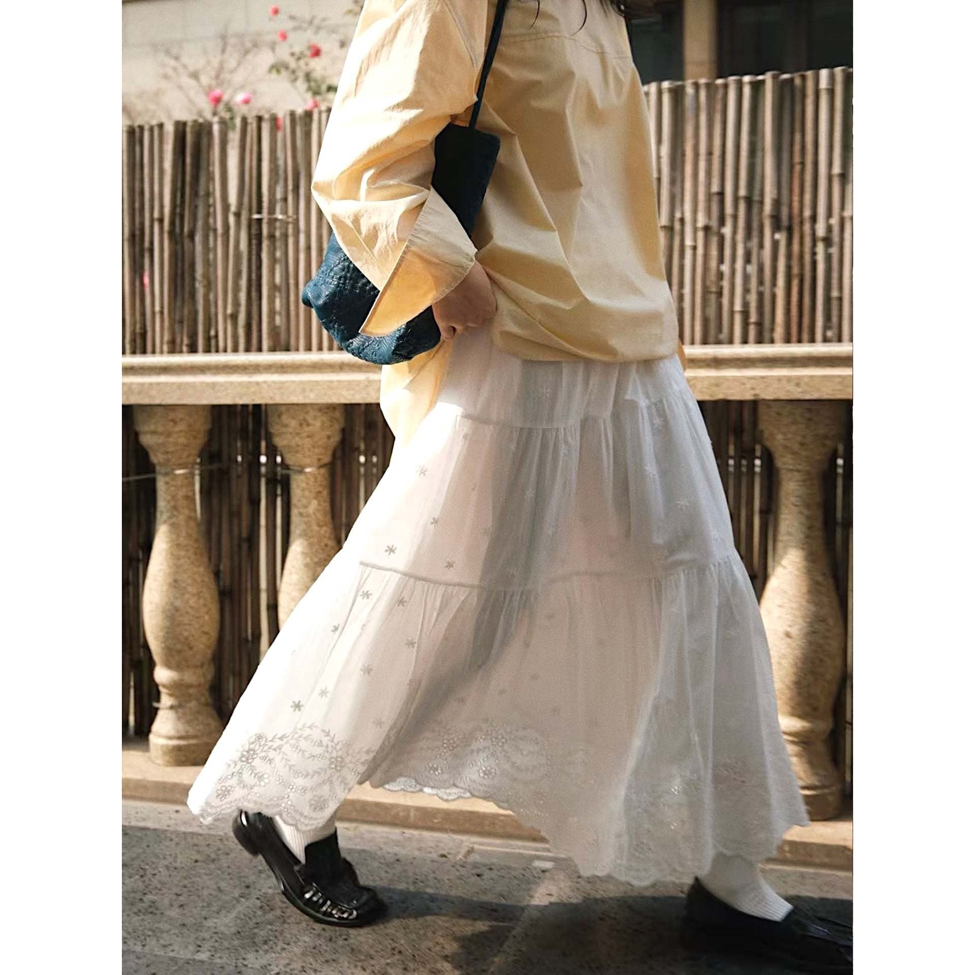 Ladies Long Tiered Ruffle Skirt made of Cotton Embroidery with Lace Edge Chichicherry
