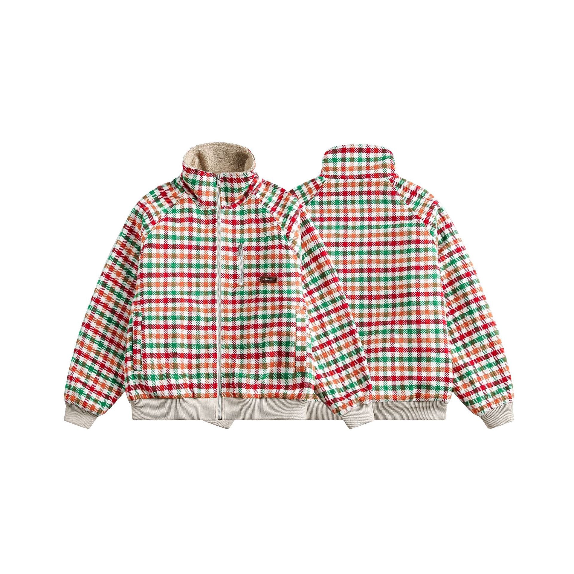 Women's Checkered Teddy Fleece Blouson in Boxy Cut with Stand Collar Chichicherry
