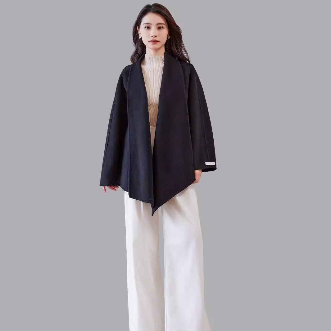 Women's oversized coat made from wool blend with open shawl collar and asymmetrical hem Chichicherry