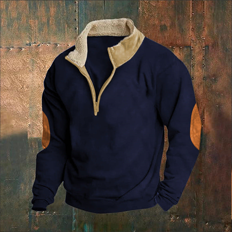 Men Cord-Optic Half-Zip Sweater with Teddy Collar and Elbow Patches Chichicherry