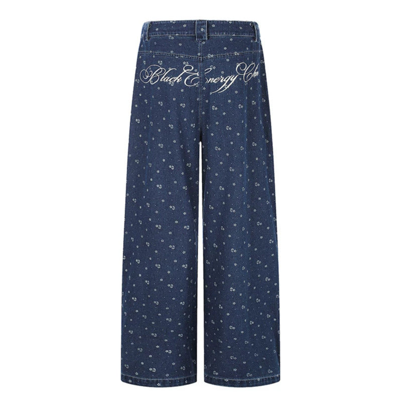 Women's High-Waist Culotte Jeans in Palazzo Cut with Visible Button Placket and Fine Floral Print Chichicherry