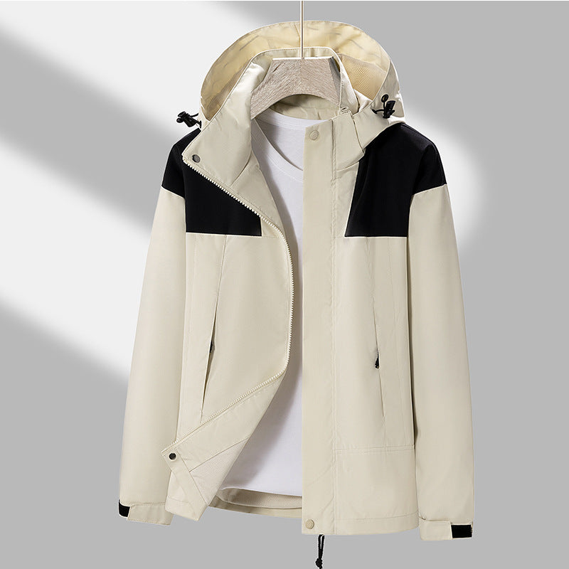 Men's lightweight water-repellent hooded transitional jacket with contrast shoulder panels and drawstring hem Chichicherry