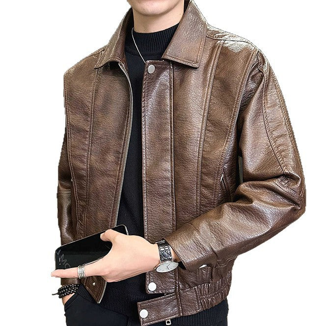 Herren Kurzer Oversized Lederimitat-Blouson mit Stehkragen, Reißverschluss und elastischem Saum Chichicherry