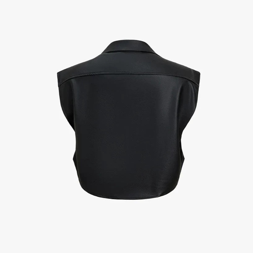 Women Short Sleeveless Faux Leather Vest with Oversized Shoulders Chichicherry