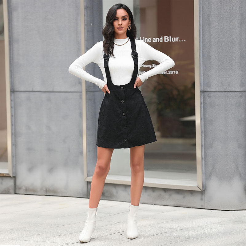 Women's overall dress with continuous button placket, adjustable straps, and A-line silhouette Chichicherry