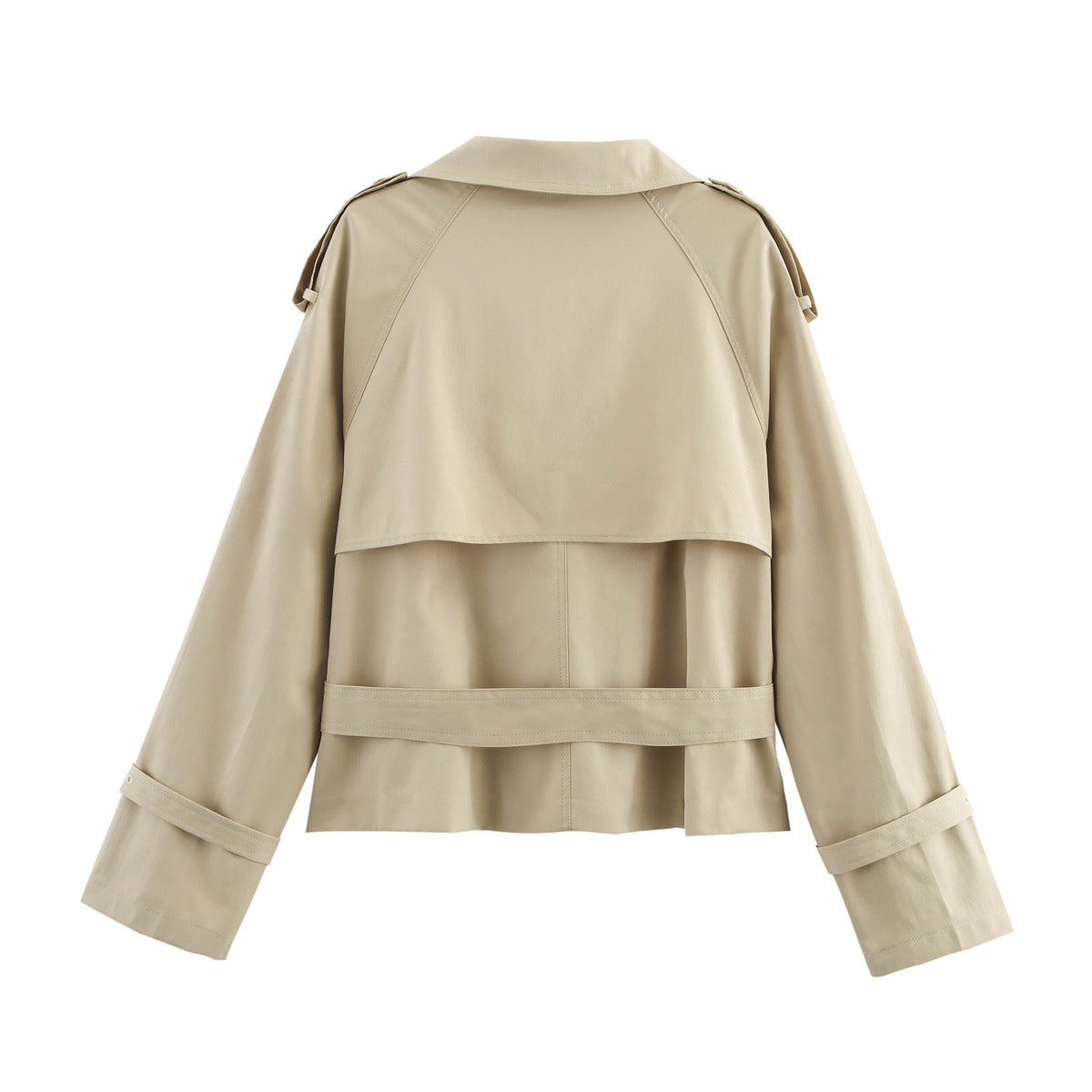 Women's Short Double-Breasted Trench Blouson with High Stand Collar, Shoulder Tabs, and Waist Belt Chichicherry