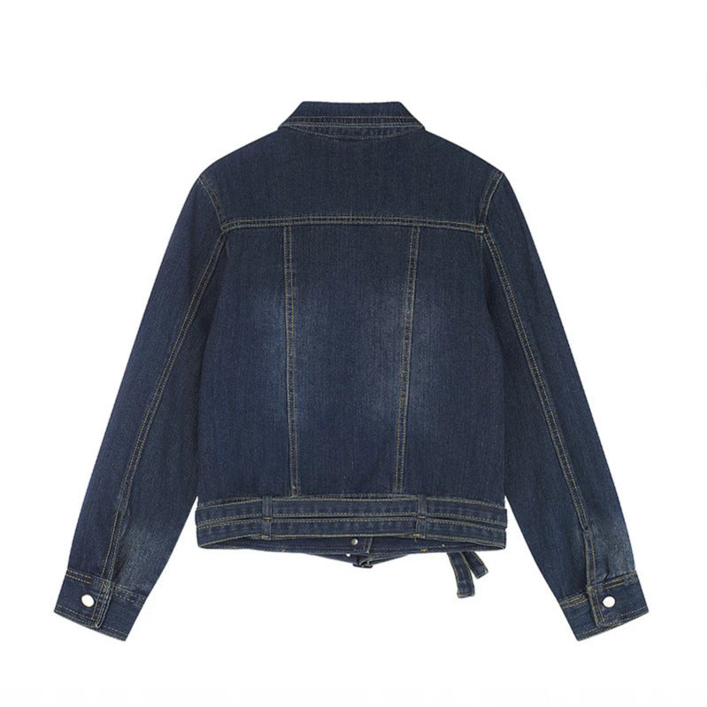 Ladies short denim jacket with waist belt, snap front and patch breast pockets Chichicherry