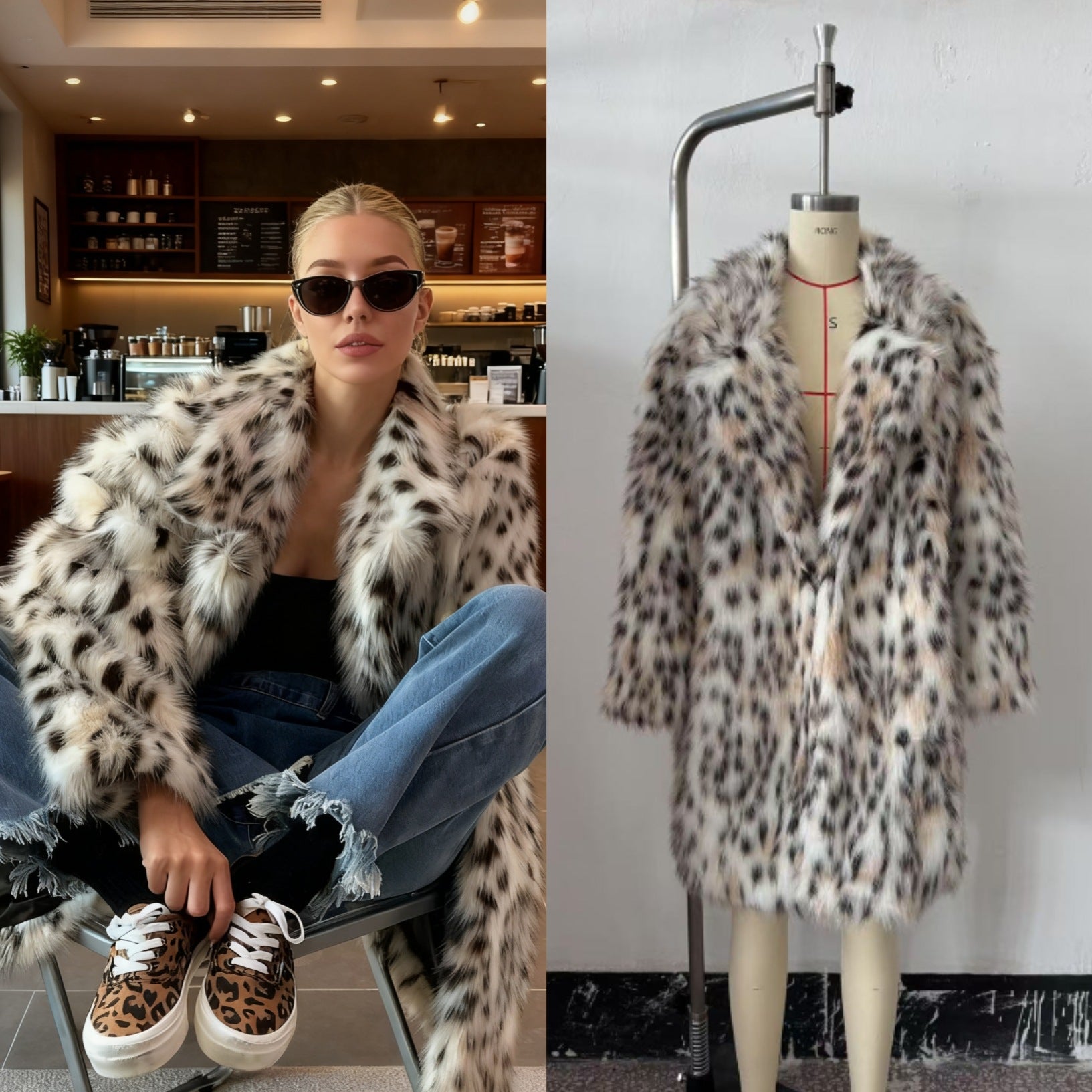 Women's midi coat made of faux fur with leopard print, oversized fit and shawl collar Chichicherry